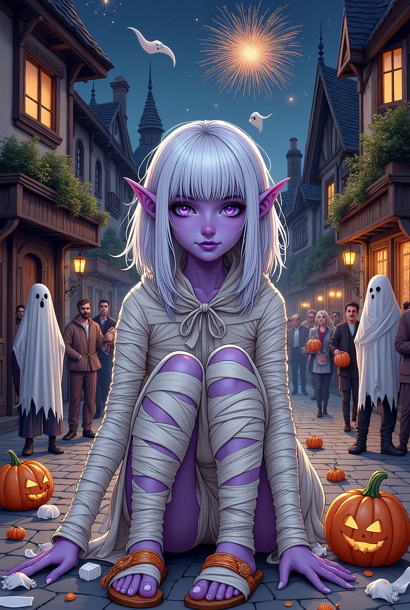 (Ultra-detailed face, Looking away, Fantasy Illustration with Gothic, Dark tone colors.), BREAK 
(A dark elf woman sits slumped in the street in a mummy-like state with toilet paper wrapped around her body. She is surrounded by a pile of toilet paper and Halloween pumpkin lanterns.), BREAK 
(A dark elf woman wears a cartoon ghost hair ornament and also has toilet paper wrapped around her head. She wears a ghostly pale ribbon tie. She looks like a mummy with toilet paper wrapped around her body. She wears shiny orange sandals with pumpkin tassels.), BREAK 
(A dark elf woman of young age with pure white hair and eyebrows, blunt bangs, messy hair reaching to her shoulders, small pink lips, dark purple skin, lavender eyes, and thick dark eyeliner around her eyes.), BREAK 
(This is a magical city where magic exists, with medieval European traditions and worldviews. It is the night of the Halloween festival. Houses, stores, cats, dogs, trees and grass all over town are wrapped like mummies in toilet paper. Fireworks are set off in the night sky, and people are dressed up in ghostly costumes, throwing candies and cookies at each other and having fun and frolic.)