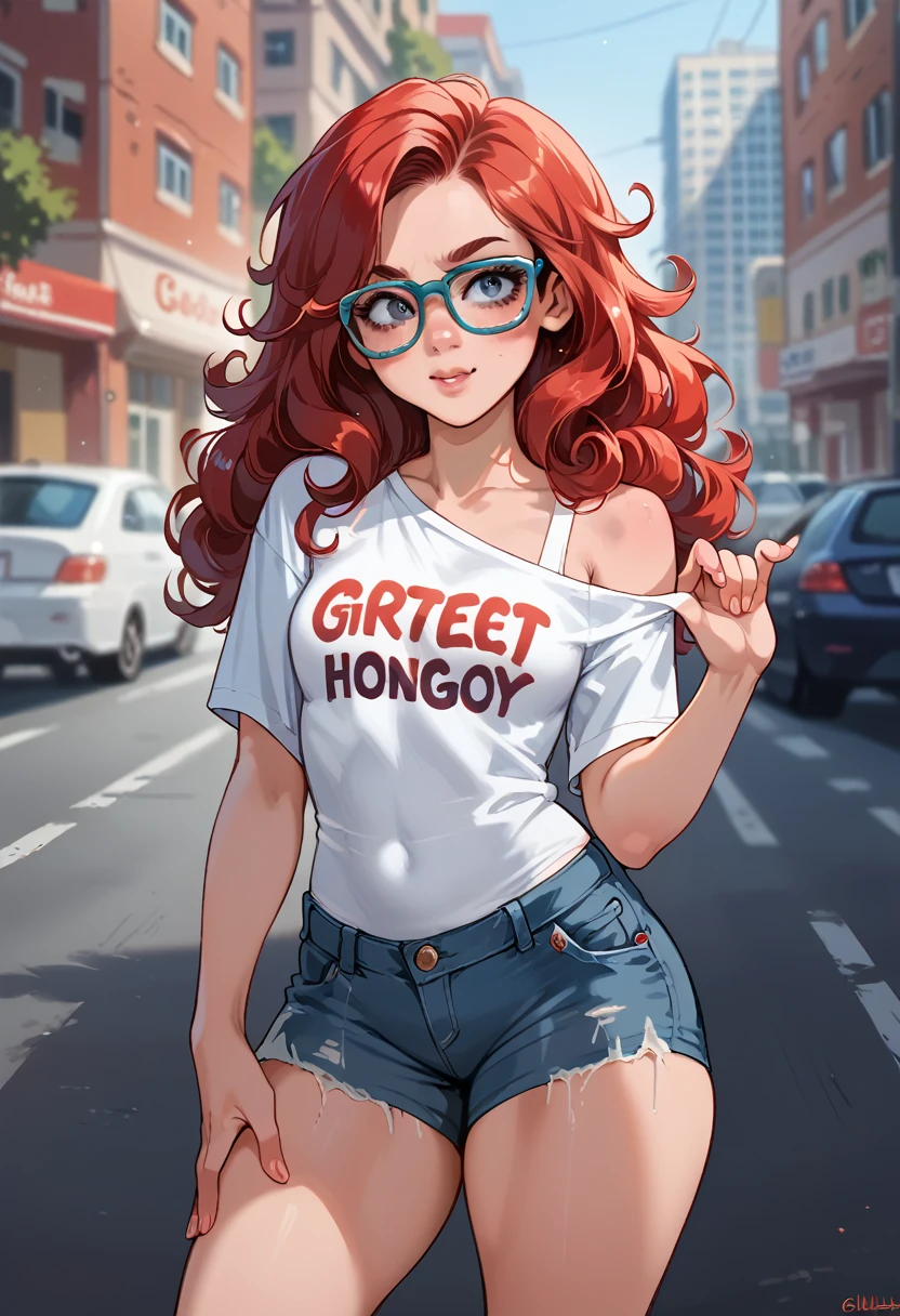   photo of a red-haired woman wearing blue-rimmed glasses, ((Curly long hair )),   white shirt with one exposed shoulder   ,  short tight denim shorts   ,thick thighs,pose legal, pose legal,    posing on a sunny day on the street   , Characterize the photo of asphalt   , After, buildings, 