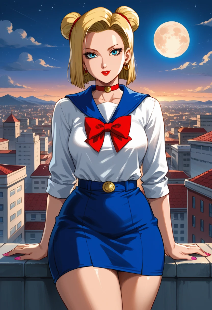 score_9, score_8_up, score_7_up, source_anime, front view, happy, smilling, sysdeep_android18. blonde hair, blue eyes, short hair, earrings,  double bun, twintails, parted bangs, tiara, earrings, blue eyes, red choker, blue sailor collar, red bow, (white shirt), elbow gloves, white gloves, (((blue skirt))), pink nails, makeup, 1girl, lipstick, makeup, earrings, red lips. (((big hips))), hourglass body, (medium breasts:1.5), slim waist, detailed background. femenine hands, curvaceous figure. (wide hips:1.5), (wide thighs:1.5),, buildings, (mature body), perfect eyes, front view, nail polish, (perfect hands), masterpiece, high quality, 1girl, mature woman, milf, makeup, thick red lips, detail face, hourglass body, curvy body, perfect huge round breast, wide hips, thick thighs, night, looking at viewer, (rooftop:1.5), outdoors, city  background, smooth, cinematic lighting, moon lighting, good_hands 