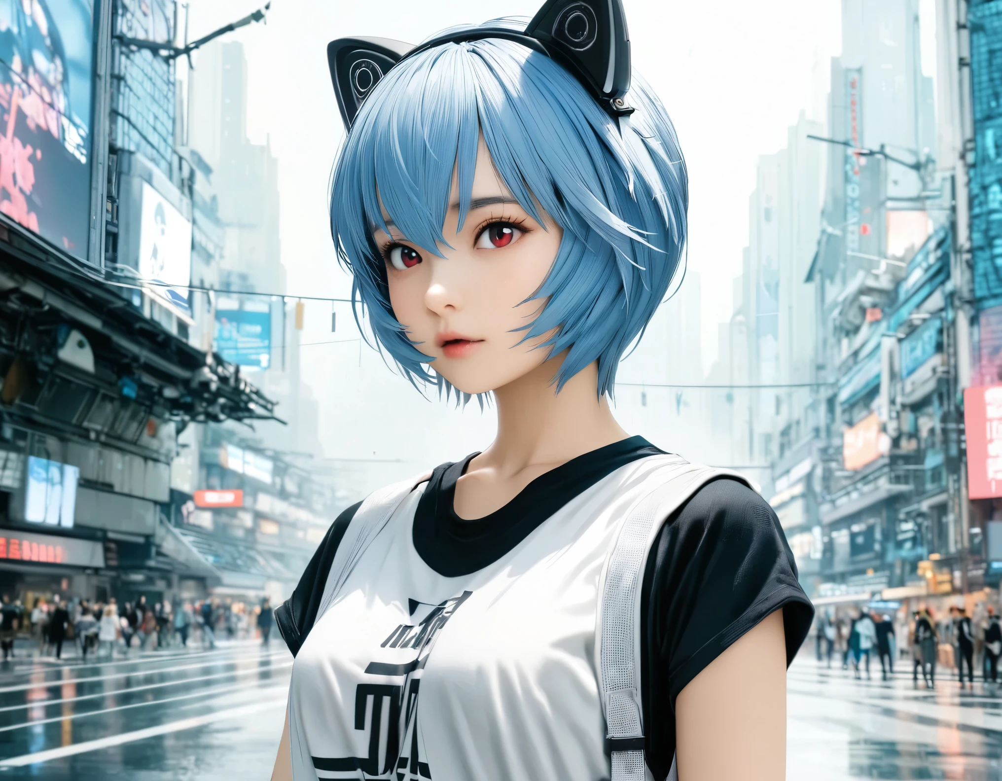 (best quality, 8k, high resolution:1.2), 1girl, ayanami_rei, cat ear headphone, cyber city, upper body