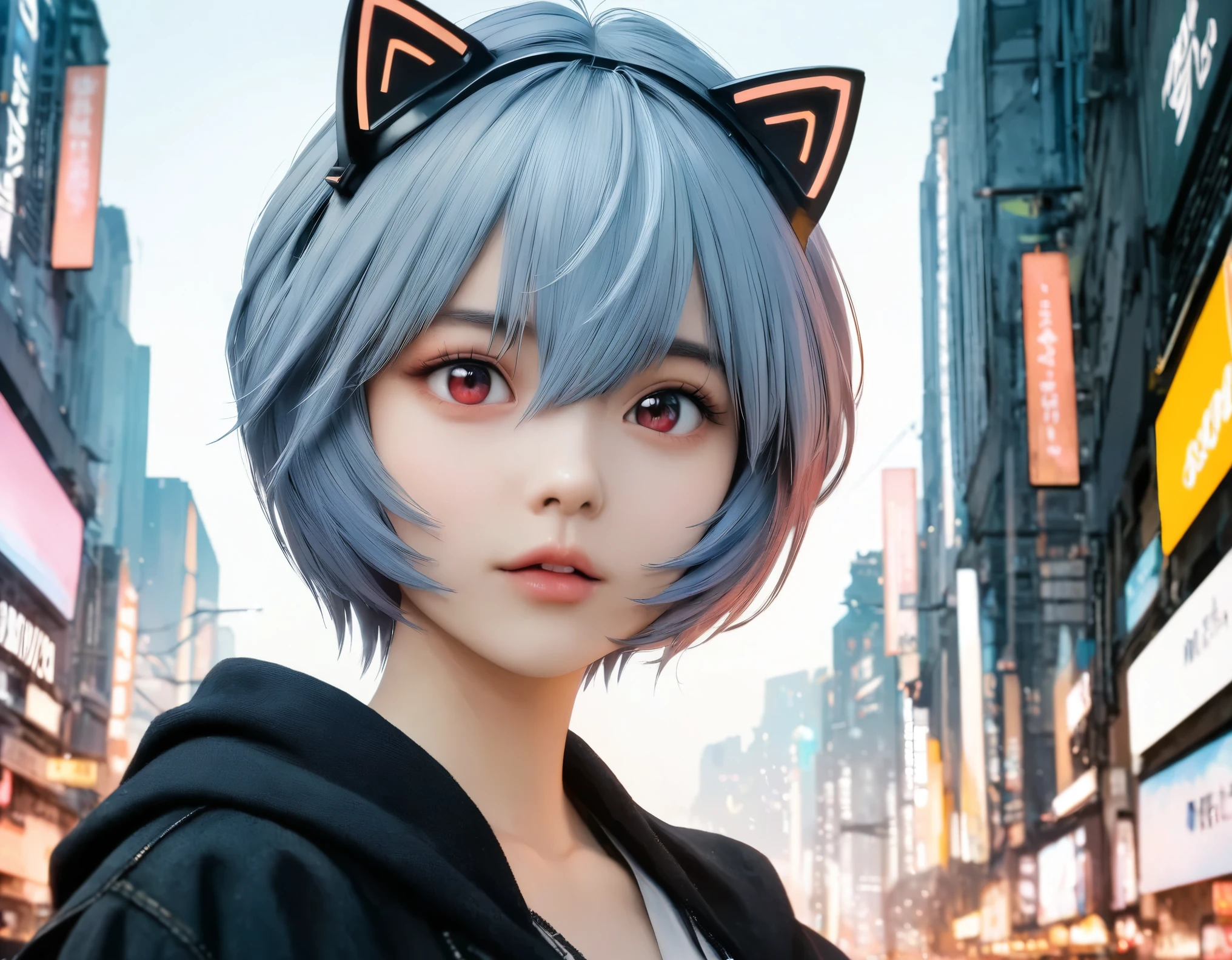 (best quality, 8k, high resolution:1.2), 1girl, ayanami_rei, cat ear headphone, cyber city, upper body