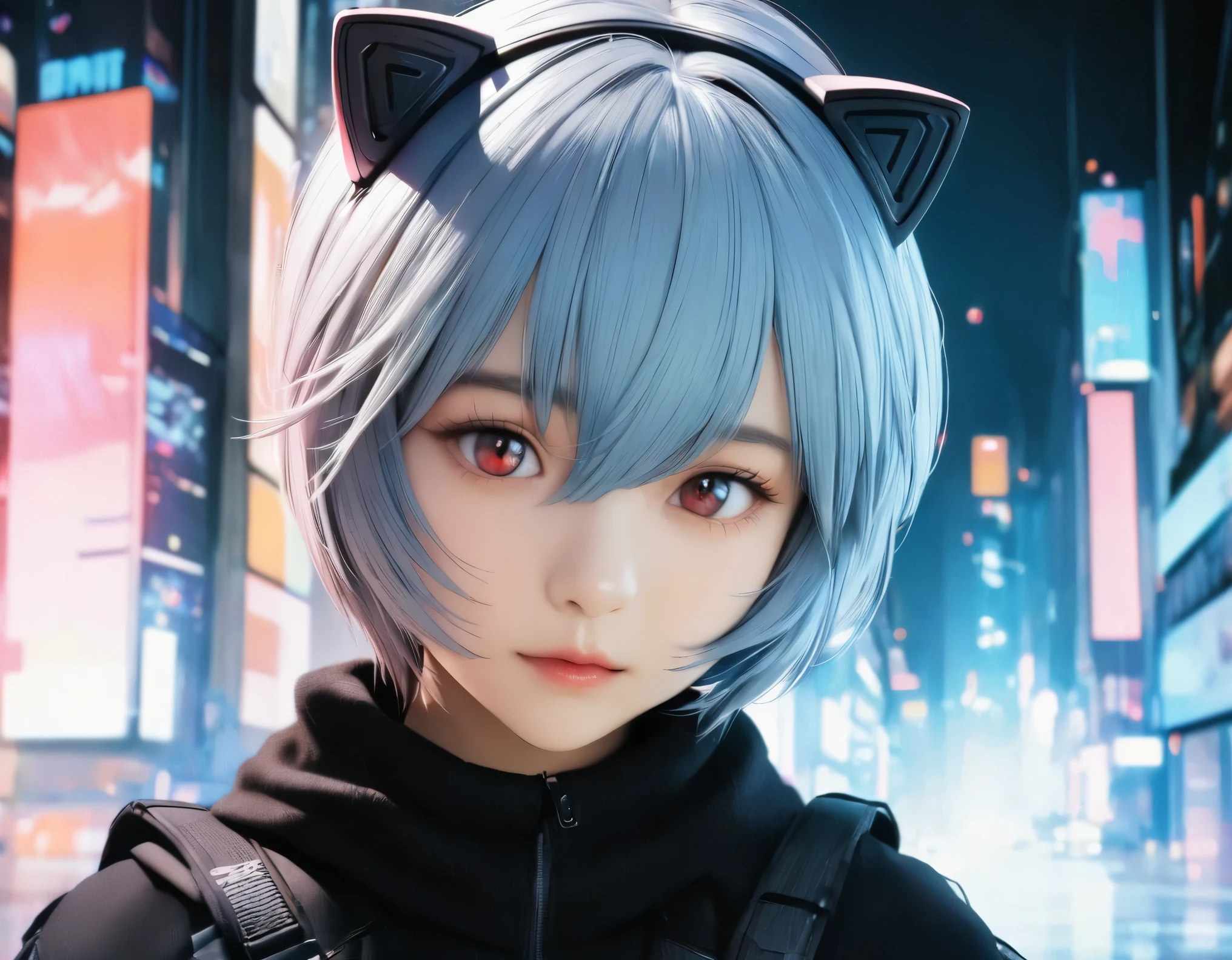 (best quality, 8k, high resolution:1.2), 1girl, ayanami_rei, cat ear headphone, cyber city, upper body