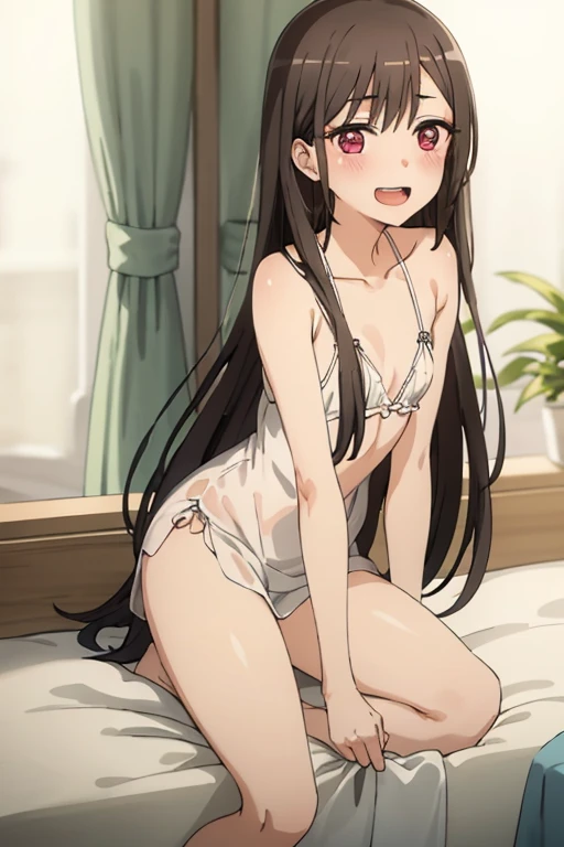 ((Best Quality)), ((masterpiece)), (be familiar with),  perfect face, indoor, bedroom,  is watching viewers,
One woman,  Kitakawa Kaiumi,
 open mouth , Ecstatic expression, blush, smile,
Small breasts,  flat chest, , , , Girl,
Long Hair,  long hair,
Leg spread,