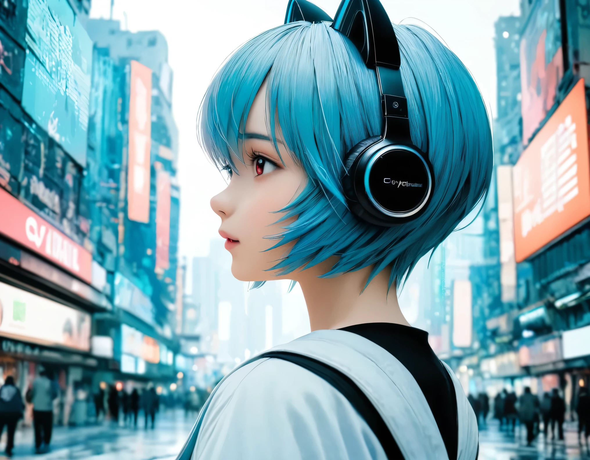 (best quality, 8k, high resolution:1.2), 1girl, ayanami_rei, cat ear headphone, cyber city, upper body