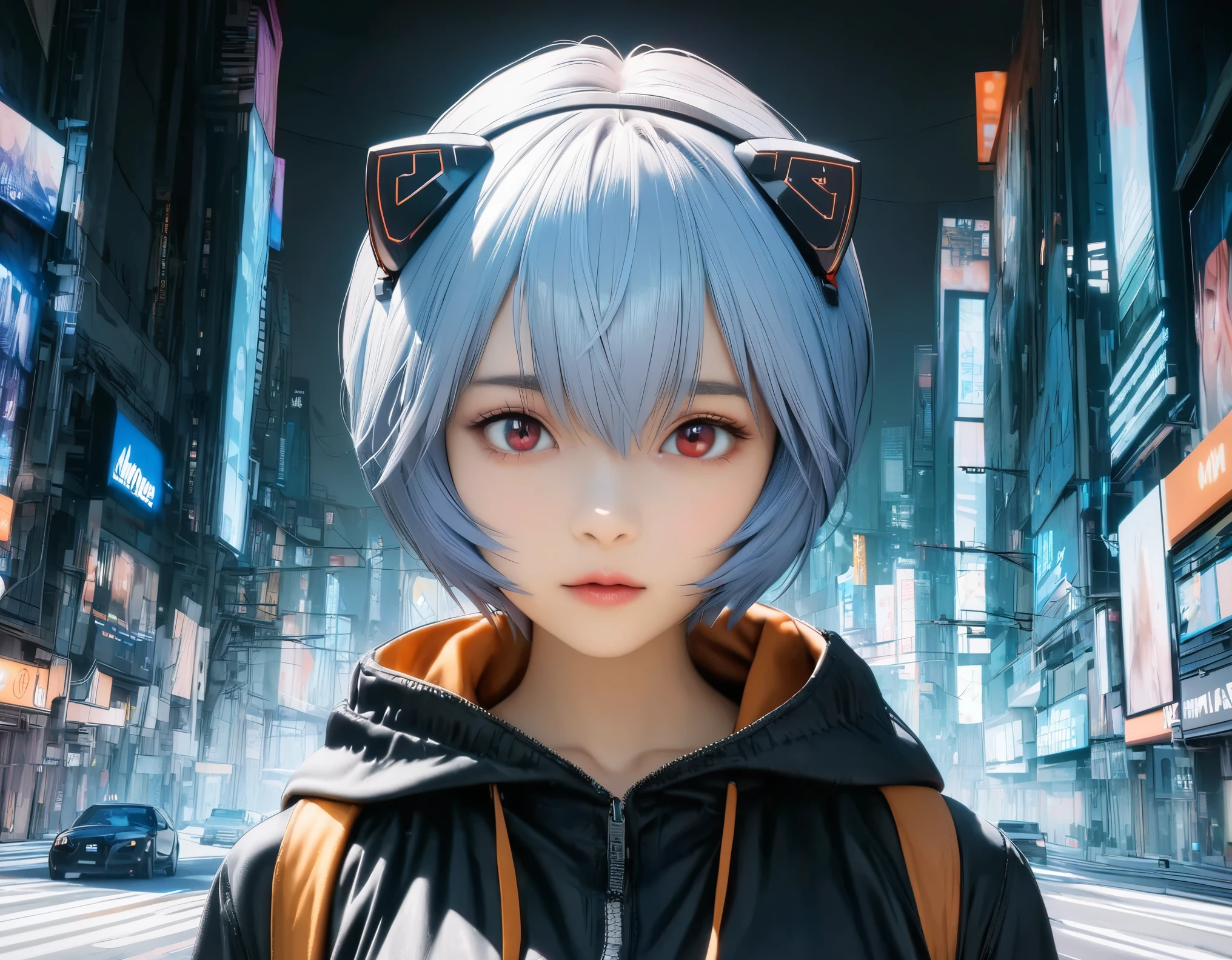 (best quality, 8k, high resolution:1.2), 1girl, ayanami_rei, cat ear headphone, cyber city, upper body