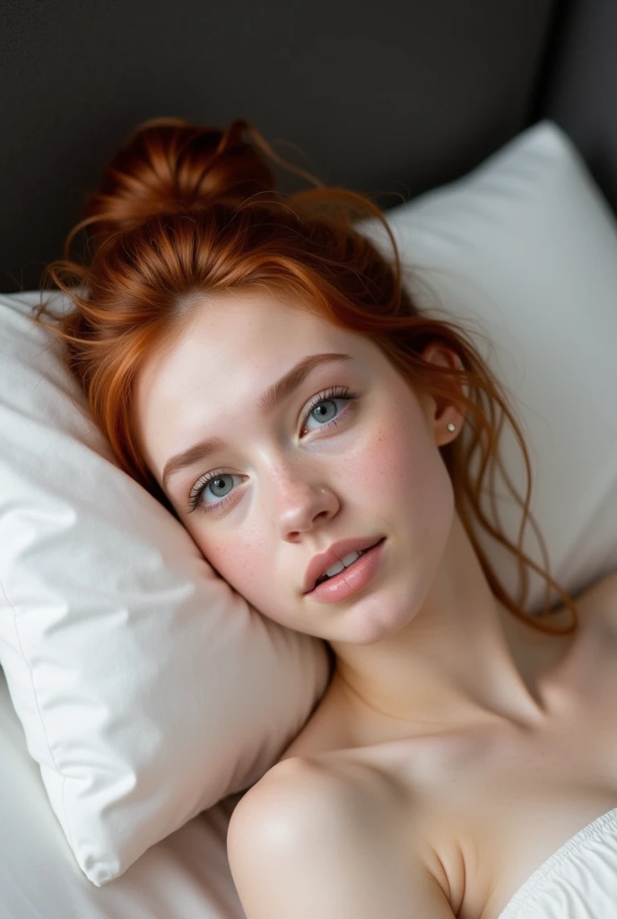 This photograph captures a young woman named vanessa lying in bed, her head resting on white pillows. She has fair skin with a natural, flushed complexion, and her red hair is styled in a loose, messy topknot. Her eyes are wide and blue, with long, dark eyelashes framing them. She has a slightly parted, full mouth with light pink lips, and her expression is neutral, almost contemplative.

She is topless, with her bare shoulders visible, suggesting a casual, intimate setting. The lighting is soft and natural, likely from a window, casting gentle shadows that accentuate the contours of her face and the texture of her skin. The background is minimal, with a dark, neutral wall that contrasts with the lightness of the pillows and her skin, drawing focus to her face.

The overall mood of the image is serene and intimate, capturing a moment of quiet reflection. The photograph's high resolution and realistic detail emphasize the textures of her hair, skin, and the softness of the bedding, contributing to a sense of warmth and comfort.