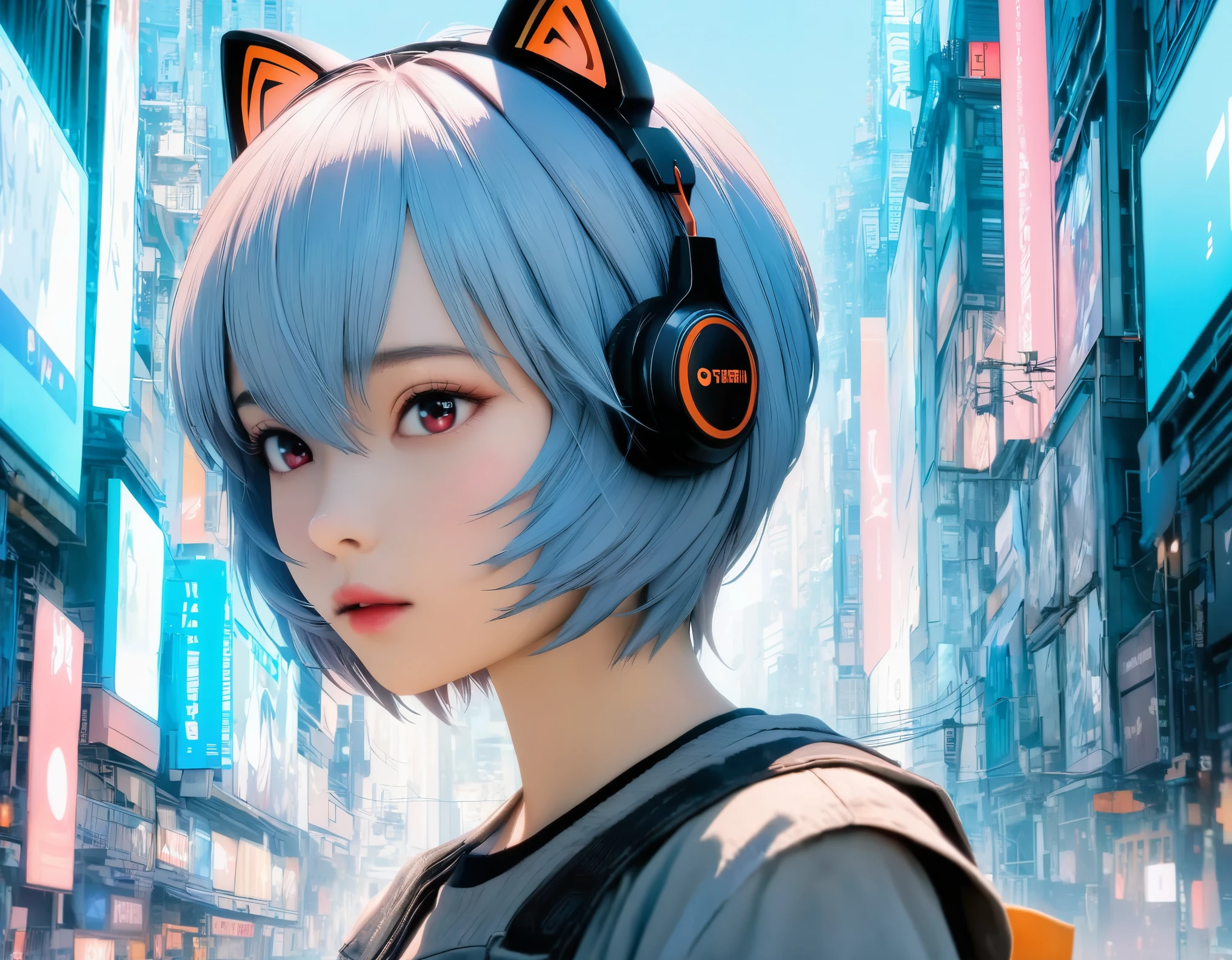 (best quality, 8k, high resolution:1.2), 1girl, ayanami_rei, cat ear headphone, cyber city, upper body