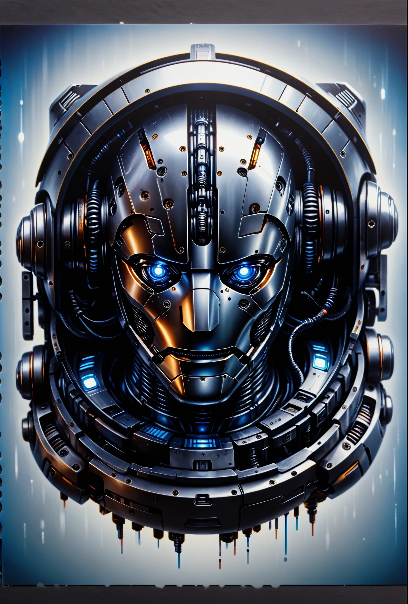 (better quality,4K,8k,highres, masterpiece :1.2), ultra-detailed ,(realistic, photorealistic , photorealistic :1.37),close-up,robot,metallic,Shiny surface, complex and intricate structure ,Bright LED lights,advanced technology,mechanical parts,precision engineering,futuristic design,sharp edges and angles , arms and mechanical joints , detailed wiring , integrated sensors and cameras ,excellent finish, science fiction concept art, vivid colors , contrasting highlights and shadows , dramatic lighting , blue and silver color palette , subtle reflections on the surface , studio lighting