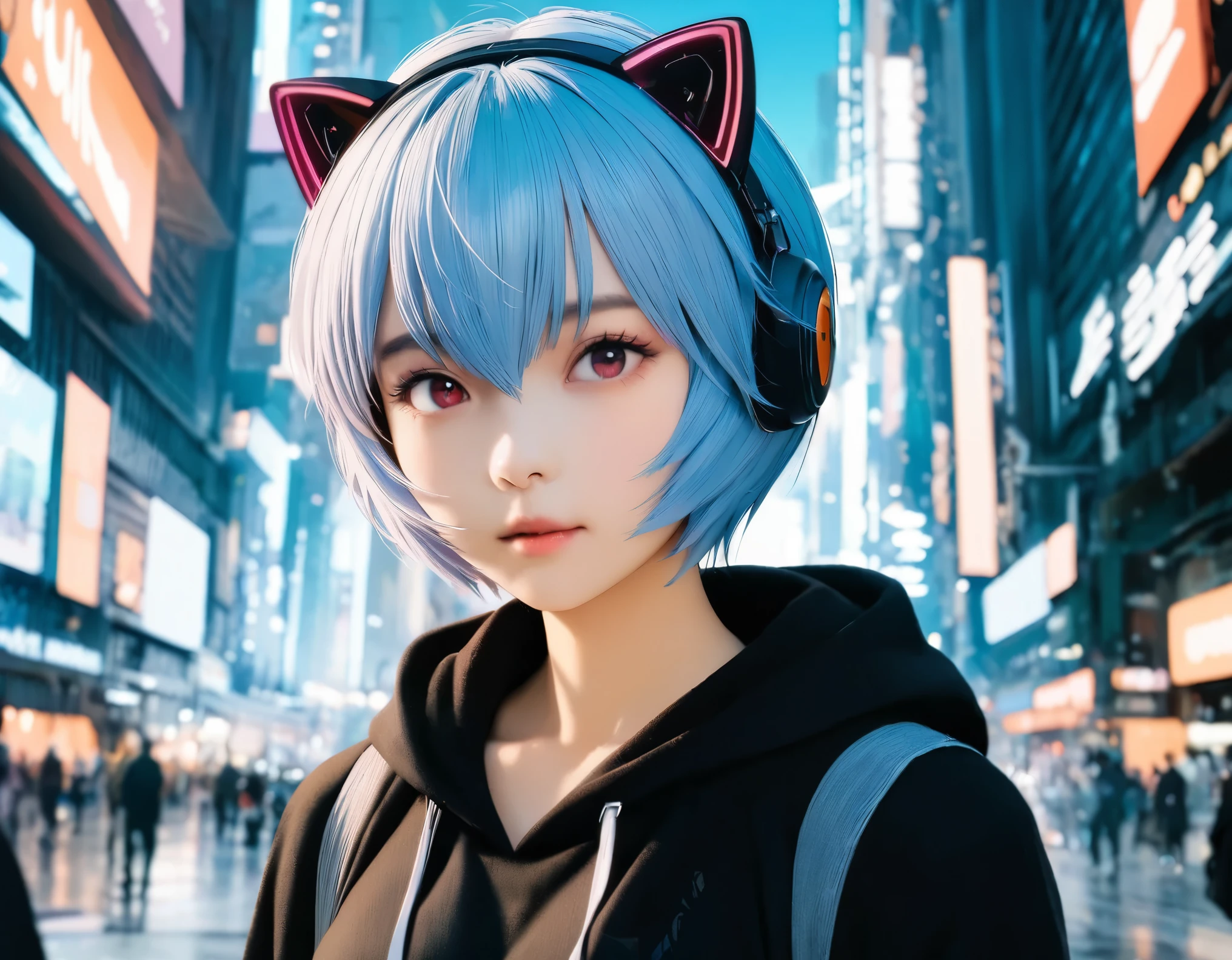 (best quality, 8k, high resolution:1.2), 1girl, ayanami_rei, cat ear headphone, cyber city, upper body