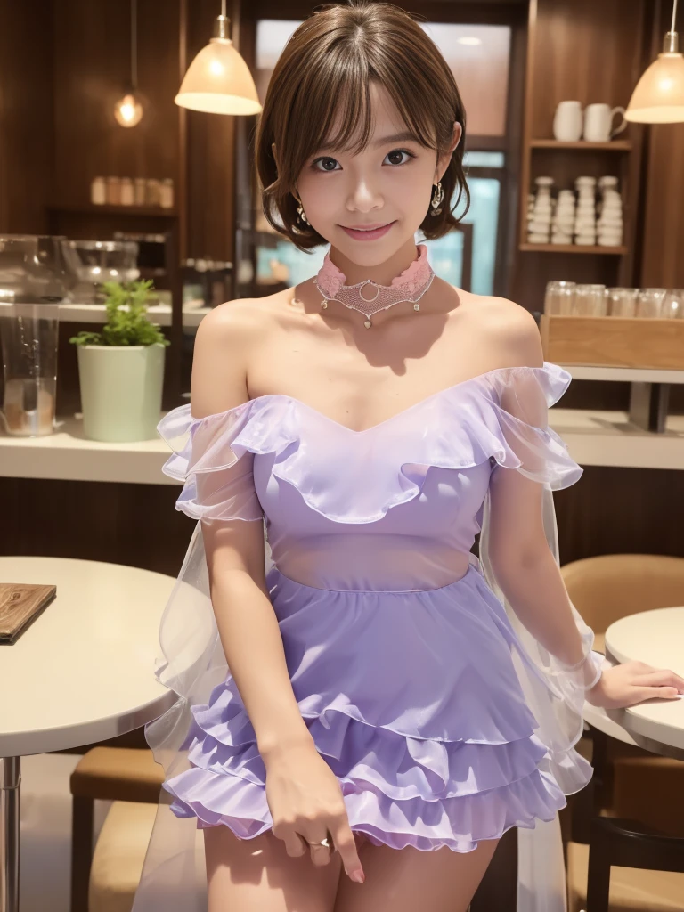  Full Body Shot , (Late-night secret meeting)
break, 
((Transparent idol dress :1.2)), (( transparent pastel collar mini dress :1.2)), ((transparent frille layered skirt :1.2)), ((Bare Shoulder:1.2)), 
break, 
 viewers, Japanese female university student, (One Woman:1.2),  she's so beautiful , Glowing Skin,  perfect face,  cute and symmetrical faces, 
break, 
Light Brown Hair,  short bob hair,  Wavy Hair, Makeup, 
break, 
(( inside a cafe decorated in pastel colors:1.4)), (Night view), (Cute Smile), (8k,  RAW Photos, Best Quality, masterpiece:1.2), (Realistic,  Realistic as a Picture :1.4),  very detailed,  beautiful woman with shallow depth of field , Beautiful Hair, Beautiful Face,  Beautiful attention to detail, Real Skin, Beautiful fingers,  perfect anatomy, Perfect legs, Perfect hands,  perfect eyes,  perfect body, double eyelid, ( natural side lighting , Cinema Lighting), NSFW,