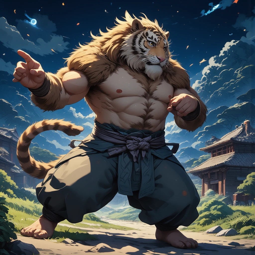 character focus, full body, looking away, dynamic angle, wuxia, daoist, a muscular middle-aged chinese tiger man, full body in Michelangelo Buonarroti style, housamo style, digital illustration anime, BREAK serious, clothed robe, shirt, pants, standing, drawing a circle in the air with a finger, dynamic pose, detailed painting landscape, starry sky, chinese shrine, outdoor, complete anatomy, perfect proportions, beautiful thigh gap, fluffy body, intricate fur details, beautiful fur texture, BREAK (detailed tiger 1tail,) detailed toe, 5toes, 5toes nails, beautiful foot, BREAK detailed hands, 5fingers, 5fingers nails, BREAK aesthetic anime face, insanity detailed face, male face, big face, square jawline, aesthetic anime eyes, detailed brown eyes, detailed brown cornea, detailed dark brown irises, detailed pupils, male eyes, big eyes, male eyebrows, innocent look, beautiful beard, BREAK masterpiece, official art, best quality, very aesthetic, absurdres, super fine illustration, great quality, BREAK noise reduction, very highres, large filesize, high quality, 32K, 8k wallpaper, dynamic lighting, BREAK insanity detailed, ultra detailed, intricate details, extremely detailed, detailed texture, an extremely delicate and beautiful, full color, BREAK e621 illustration, osukemo, kemohomo, anthropomorphic, furry, cartoon, harmonious, pastoral, virtuous, epic atmosphere 