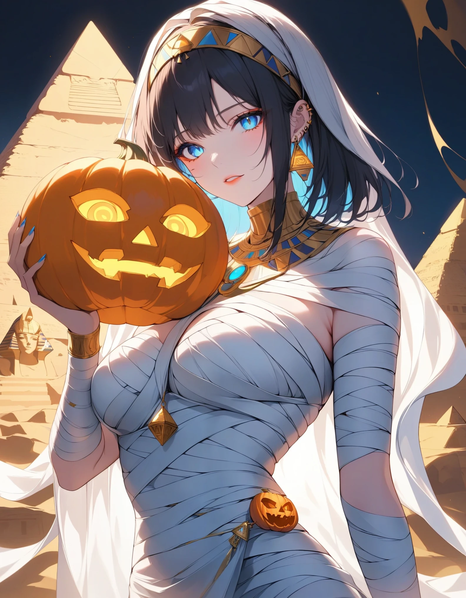 1girl, solo, mummy, wrapped in flowing silk bandages, (intricate golden embellishments:1.2), piercing blue eyes, (holding a glowing carved pumpkin lantern), (Egypt pyramid:1.2), masterpiece, best quality, very aesthetic, absurdes.