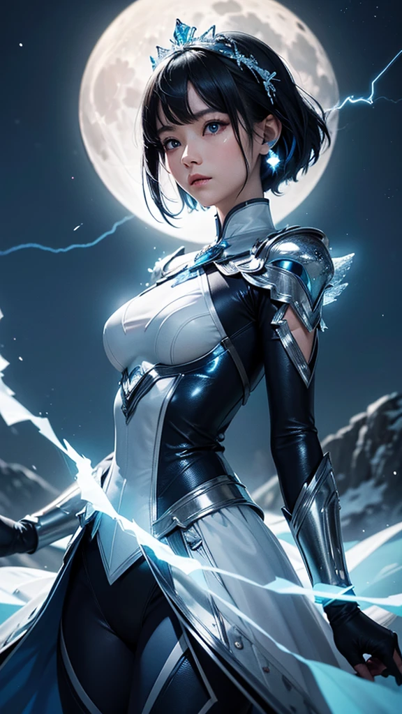 nighttime, ((1 girl)),  alone ,  masterpiece, , 8k wallpaper, height, nonsense, High quality background, Short hair, Black hair, Multi-colored hair, Beautiful frozen village, (The full moon shines brightly), Blue suit, Detailed set, Dress and accessories, (magic:1.2), blue electricity, blue eyes, Eyes shining, electricity, Ice Goddess, ( blue crown, beautiful detail), electricityฟ้า, blue electricityฟ้า, Blue light particle 