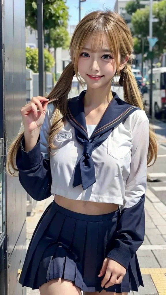  1 girl, Gal、 Japanese、( school uniform:1.3)、 navy blue uniform skirt 、8k、Best Quality、Super detailed、Realistic、Cinema Lighting 、85mm lens、 professional lighting 、 dark tanned skin 、Big Breasts、Gal風のメイク、cute、blonde、Blonde、smile、*********、 twin tails、Around town、Blonde、Blonde、 twin tails、 twin tails、Sailor suit、Blonde