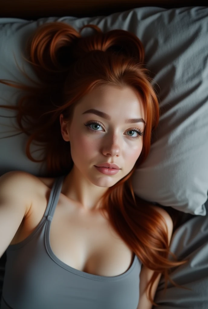 Create a photo of a 26-year-old woman named Vanessa with red hair tied in a ponytail, lying in bed, taken from an angle that looks like she is taking a selfie. The photo should be dark, with low quality as if taken with a phone camera, appearing slightly blurry and unprofessional, but realistic. She should not be wearing any makeup, and it should appear as if she is about to go to sleep.





