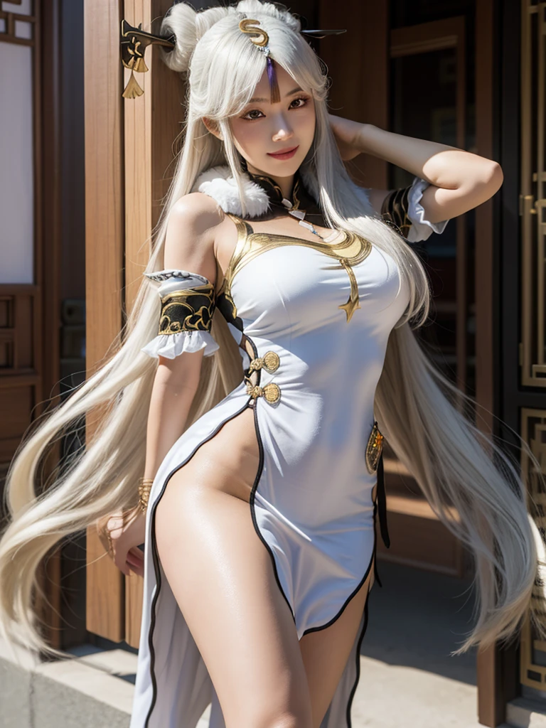 Masterpiece, high quality, 8k,detailed body, ultra detailed, detailed face, standing, blush, bright eye, outdoors, (detail face), ningguangdef, gigantic breasts, half body, smile, realistic

a close up of a woman in a white dress with long hair, white hair, beautiful alluring woman, seductive girl, ningguang from genshin impact, gigantic breasts