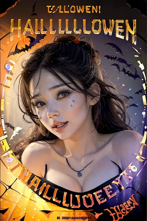 ((top-quality, masterpiece, Highest quality , 8k)), (( perfect body, Beautiful Face,  realistic mid-bust , Facing forward)), ((( colorful color illustration ,  movie poster  ,  large letters are written on the illustration " Happy Halloween ":1.3))),  with monsters and cute ghosts in the background , There : Female Wizard, Wearing purple and orange underwear , Backlight, ponytail, black eyes , Black Hair