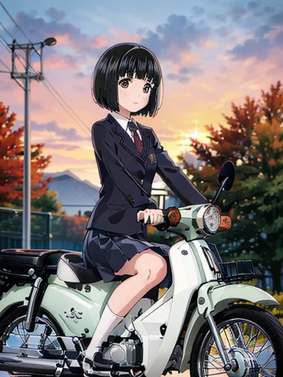 (Masterpiece:1.2)，Best Quality，Highest quality，shape，Beautiful detailed young ，Koguma，Very short stature，Girls (blazer uniform，skirt:1.3)，black stockings:1.2，(I'm riding the Deep Green Super Cub:1.5)，Straddle，(smile:1.0)，( Beautiful Brown Eyes， sparkling eyes，Very beautiful eyes )，( shiny black hair :1.0),( bob cut :1.2),( split bangs :1.3， cowboy shot，autumn，autumnのきれいな紅葉，At dusk，Beautiful sunset，