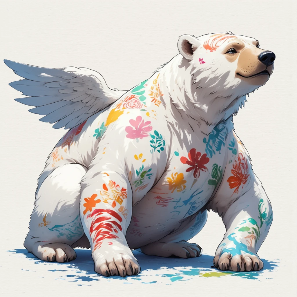 angel, a plump middle-aged polar bear man, angel wings, a creative and artistic image featuring a full-body polar bear, its fur serving as a canvas for a vibrant, abstract painting. The bear stands in a neutral pose, its white fur transformed into a living canvas with bold, colorful brushstrokes and patterns. The painting on the bear’s body includes elements of nature, swirling colors, and artistic motifs such as flowers, waves, and geometric shapes. The background is minimalistic, allowing the focus to remain on the art-covered bear. The overall atmosphere is both elegant and expressive, highlighting the contrast between the bear’s natural form and the artistic, painterly designs covering it, BREAK full body in Michelangelo Buonarroti style, character focus, full body, looking away, dynamic angle, BREAK happy, light smile, holding a sign &quot;HAPPY&quot;, cute pose, detailed painting landscape, flower garden, BREAK complete anatomy, perfect proportions, beautiful thigh gap, fluffy body, intricate fur details, beautiful fur texture, BREAK detailed polar bear tail, detailed toe, 5toes, 5toes nails, beautiful foot, detailed hands, 5fingers, 5fingers nails, BREAK aesthetic anime face, insanity detailed face, male face, big face, square jawline, aesthetic anime eyes, detailed brown eyes, detailed brown cornea, detailed dark brown irises, detailed pupils, male eyes, big eyes, male eyebrows, innocent look, beautiful beard, BREAK masterpiece, official art, best quality, very aesthetic, absurdres, super fine illustration, great quality, BREAK noise reduction, very highres, large filesize, high quality, 32K, 8k wallpaper, dynamic lighting, BREAK insanity detailed, ultra detailed, intricate details, extremely detailed, detailed texture, an extremely delicate and beautiful, full color, HDR, BREAK e621 illustration, osukemo, kemohomo, anthropomorphic, furry, cartoon, digital illustration anime 