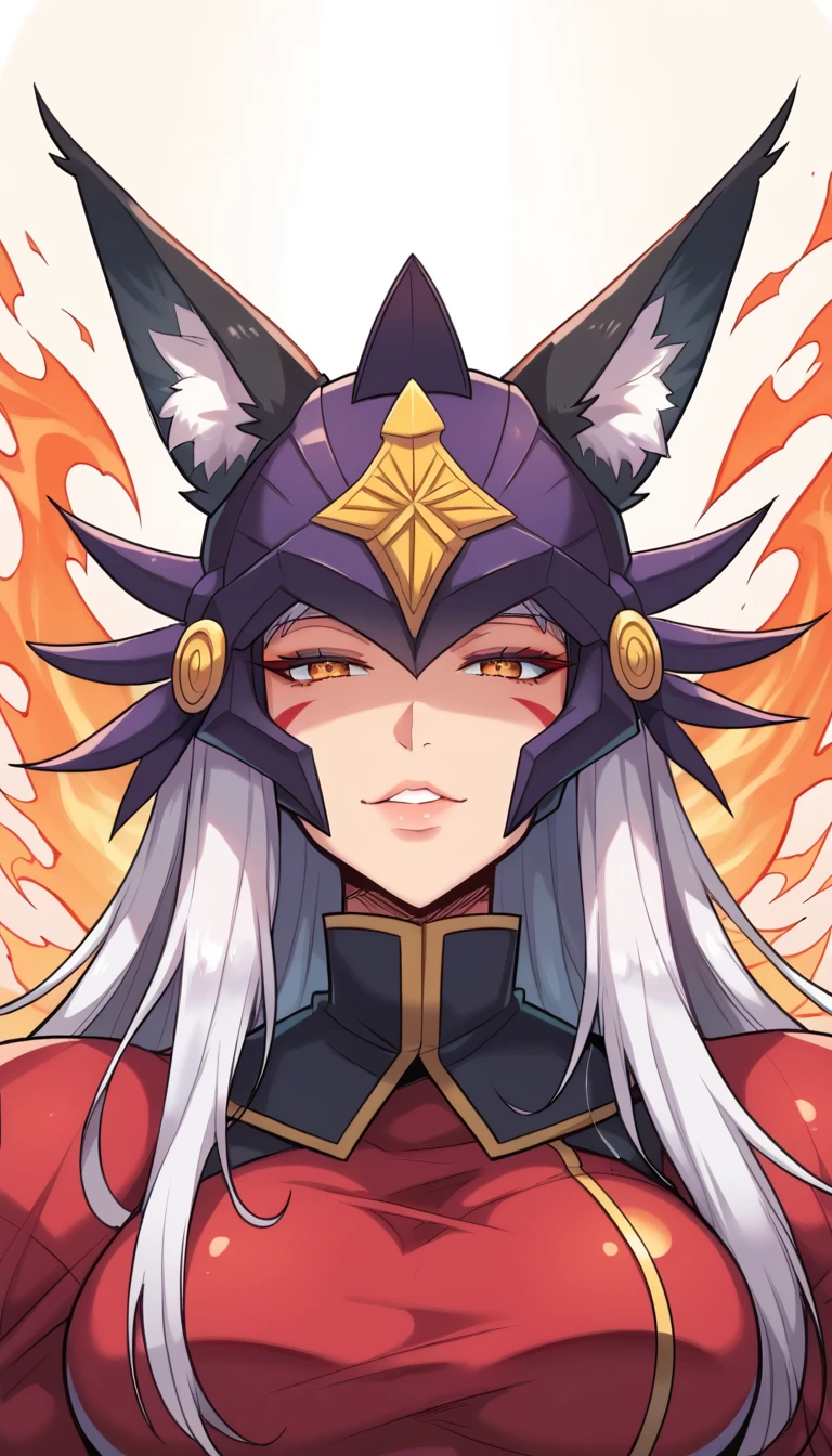 score_9, score_8_up, score_8, Generate a close-up portrait of 'Saty,' a seductive female kitsune warrior with a dark, intricate helmet that partially covers her long white hair. Her fox ears emerge through the helmet, giving her a unique and wild look. Her expression is confident and alluring, with half-lidded eyes reflecting malice. Her white hair cascades around the helmet, and her gaze should be intense, capturing her corrupted yet captivating aura. Background should be dark and mystical, enhancing the eerie and powerful presence of this corrupted kitsune warrior. Full body
