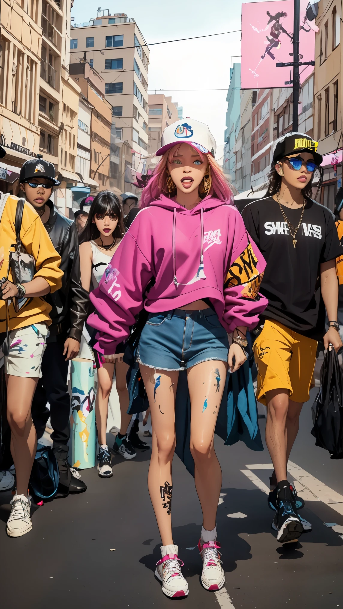 ( High resolution :1.2), Ultra detailed,realistic, sharp focus ,showy,Group of Friends ,vibrant clothes,happy, funny scene, Energy efficiency ,city background, urban environment, bustling street scene , Hustle and bustle, expressive facial expressions, dynamic pose , original accessories, safe stage presence , attention-grabbing fashion style, unique street style ,city nightlife,neon lights illuminating, street fashion culture ,youthful energy,crowd shouting,positive vibes,Hip-Hop Culture,urban music scene,fusion of music and art..,stylish sneakers, urban graffiti culture , streets dotted with paint , urban talent showcase , bright colors , Stunning images ,alto Energy efficiency , electric atmosphere ,Musical expression ,Urban lifestyle