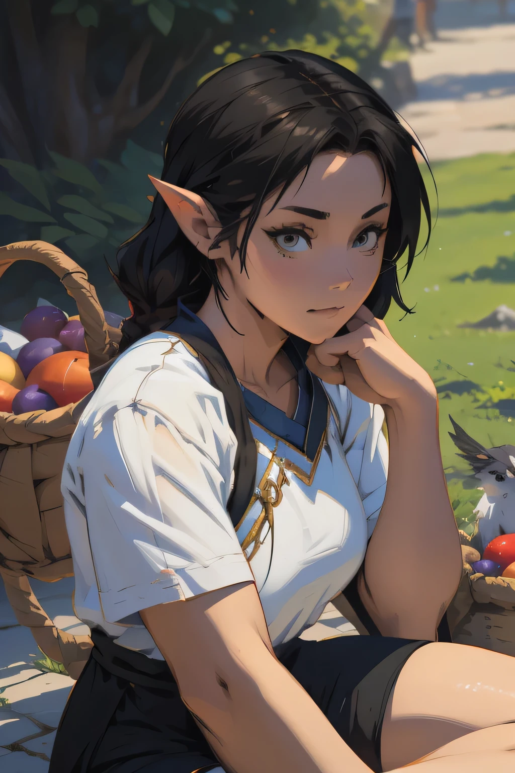 anime girl sitting on the ground with a basket of fruit and a bird, relaxing concept art, artwork in the style of guweiz, krenz cushart and wenjun lin, wlop and krenz cushart, painted in anime painter studio, guweiz, made with anime painter studio, ross tran and studio ghibli