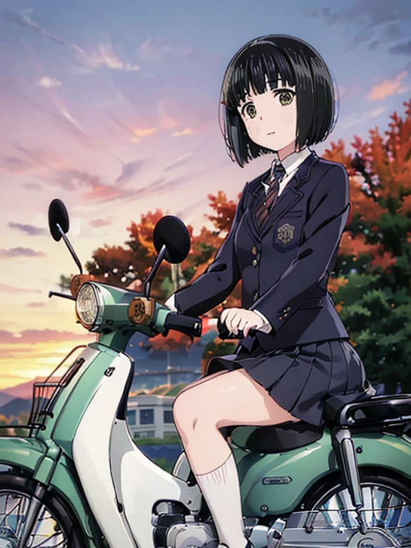 (Masterpiece:1.2)，Best Quality，Highest quality，shape，Beautiful detailed young ，Koguma，Very short stature，Girls (blazer uniform，skirt:1.3)，black stockings:1.2，(I'm riding the Deep Green Super Cub:1.5)，Straddle，(smile:1.0)，( Beautiful Brown Eyes， sparkling eyes，Very beautiful eyes )，( shiny black hair :1.0),( bob cut :1.2),( split bangs :1.3， cowboy shot，autumn，autumnのきれいな紅葉，At dusk，Beautiful sunset，From below，