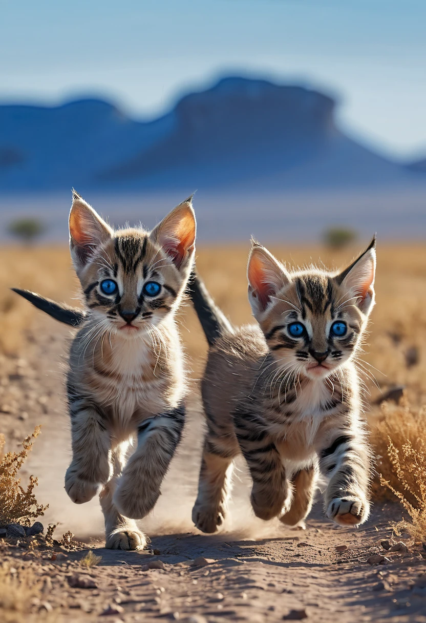 Two kittens chase an antelope across a blue African landscape, Accurate, Super Detailed, 