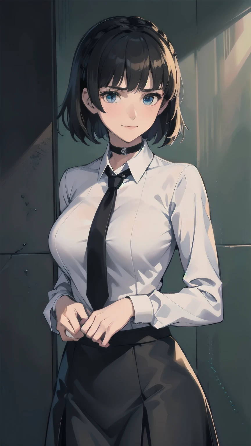 { masterpiece : best quality : high resolution : unity 8k wallpaper : illustration : beautiful detailed eyes : extremely detailed face : perfect lighting : extremely detailed CG : perfect hands : perfect anatomy } { dark_room : horror_edit } { 1girl : Makoto Niijima : crown_braid : short_hair : Perfectly_shaped_breast : Perfectly_fit_body : choker : white_buttoned_shirt : loose_black_necktie : black_skirt } { scary_smile_devious } { cowboy shot }