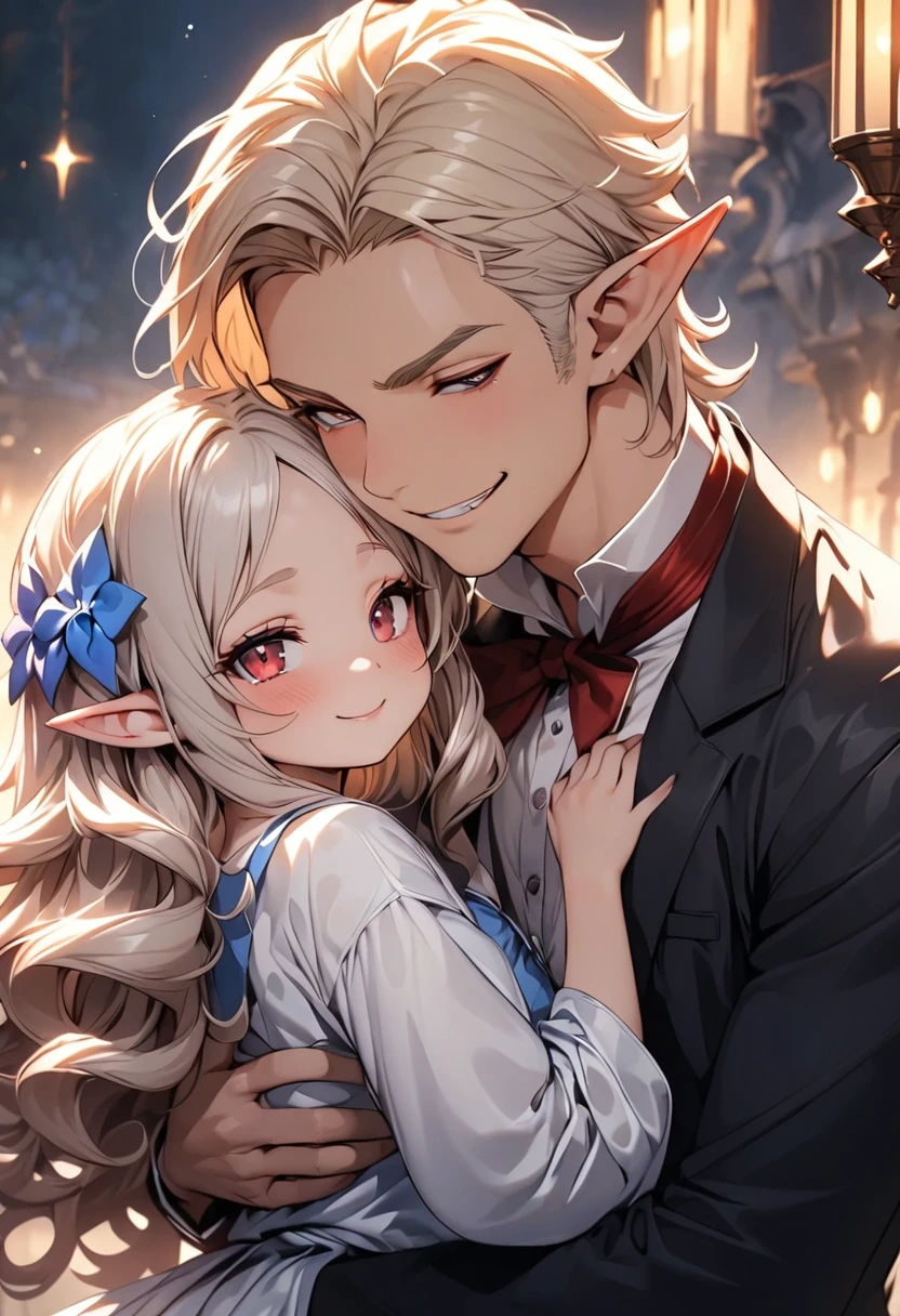 masterpiece, high quality, best aesthetics, romantic lighting, fantasy setting, handsome elf, smirk, red eyes, vampire, short silver hair. He is hugging his daughter, an adorable elf princess with long blond curly hair. He loves her, and she is Daddy's girl.