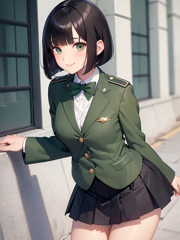 (masterpiece:1.2), best quality ,shape,Beautiful detailed young ， short stature ， girls  (blazer uniform，skirt:1.3)  (I'm wearing a deep green super cub:1.2)，Straddle， (smile:1.0),,( Beautiful Brown Eyes、Sparkling Eyes、 Very beautiful eyes ),( shiny black hair :1.0),( bob cut :1.2),( split bangs :1.3),, cowboy shot，Girl&#39;s Temptation，