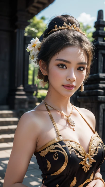 1female, a woman in the era of the Majapahit kingdom, is having a traditional Javanese wedding with gold and black ornaments, wearing a typical Javanese bun, with a charming and charming gaze, smiling, oriental female, with the Prambanan temple in the background, ancient Javanese era, cinematic photography, detailed, hyperrealism, great detail, 8k cinematic, high resolution, symmetrically, full body portrait, cinematic, color grading, photography, shot on 50mm lens, ultra-wide angle, depth of field, hyperdetailed, beautifully color-coded, insane detail, intricate detail, beautiful color grading, incredibly detailed and intricate, hyper maximal, elegant, hyperrealistic, super detailed, posing dynamic, photography, ultra-realistic, Full - HD, high detailed definition, Hyper detailed, 8k