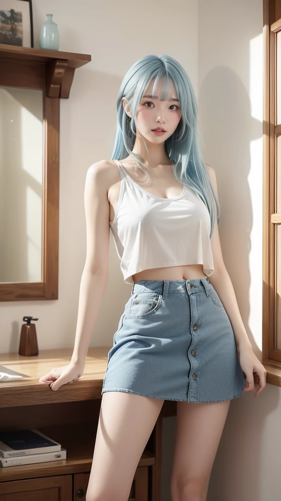 masterpiece, best quality, highly detailed,1girl,indoors, adult, split-color hair, yellow　and　Blue hair, Narrow, sharp eyes、, clothes, blue eyes、From head to toe、mini skirt、