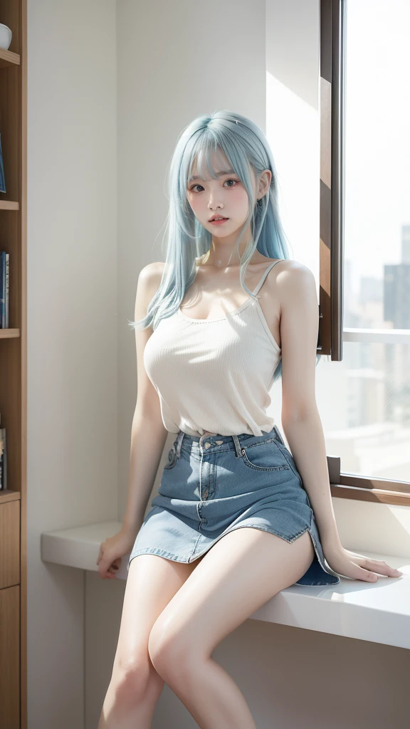 masterpiece, best quality, highly detailed,1girl,indoors, adult, split-color hair, yellow　and　Blue hair, Narrow, sharp eyes、, clothes, blue eyes、From head to toe、mini skirt、