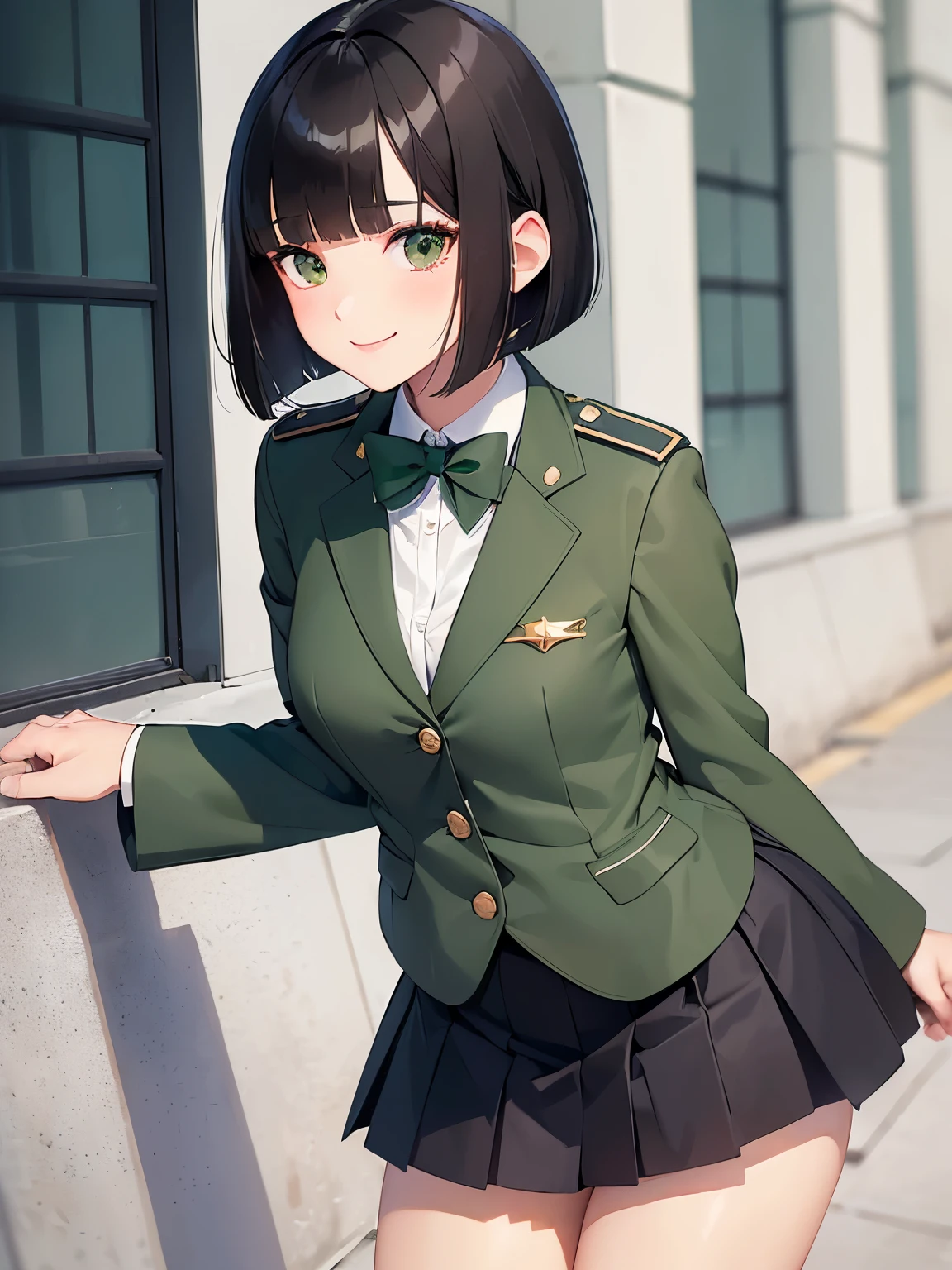 (masterpiece:1.2), best quality ,shape,Beautiful detailed young ， short stature ， girls  (blazer uniform，skirt:1.3)  (I'm wearing a deep green super cub:1.2)，Straddle， (smile:1.0),,( Beautiful Brown Eyes、Sparkling Eyes、 Very beautiful eyes ),( shiny black hair :1.0),( bob cut :1.2),( split bangs :1.3),, cowboy shot，Girl&#39;s Temptation，