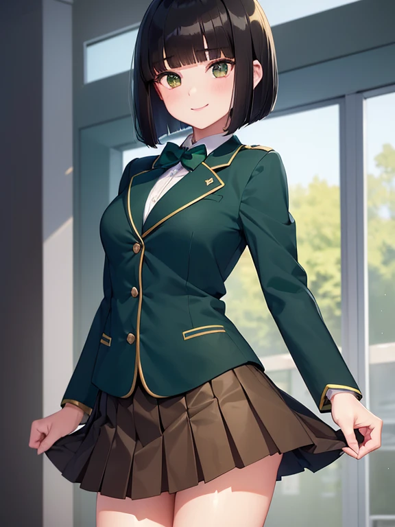 (masterpiece:1.2), best quality ,shape,Beautiful detailed young ， short stature ， girls  (blazer uniform，skirt:1.3) (I'm wearing a deep green super cub:1.2)，Straddle， (smile:1.0),,( Beautiful Brown Eyes、Sparkling Eyes、 Very beautiful eyes ),( shiny black hair :1.0),( bob cut :1.2),( split bangs :1.3),, cowboy shot，Girl&#39;s Temptation，