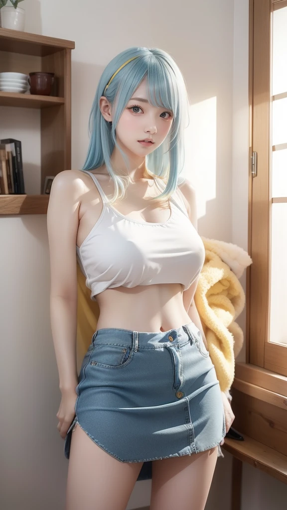 masterpiece, best quality, highly detailed,1girl,indoors, adult, split-color hair, yellow　and　Blue hair, Narrow, sharp eyes、, clothes, blue eyes、From head to toe、mini skirt、