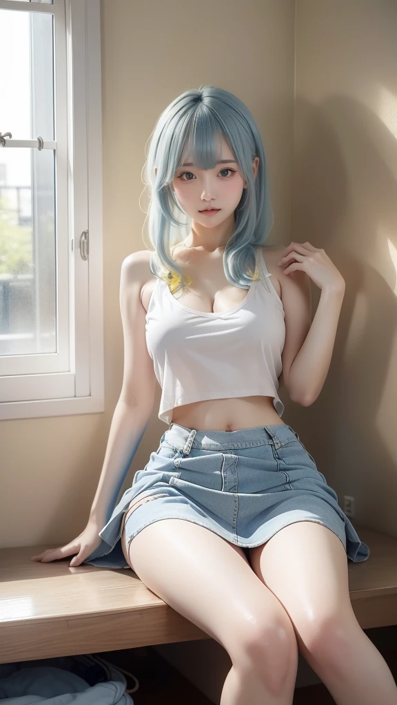 masterpiece, best quality, highly detailed,1girl,indoors, adult, split-color hair, yellow　and　Blue hair, Narrow, sharp eyes、, clothes, blue eyes、From head to toe、mini skirt、