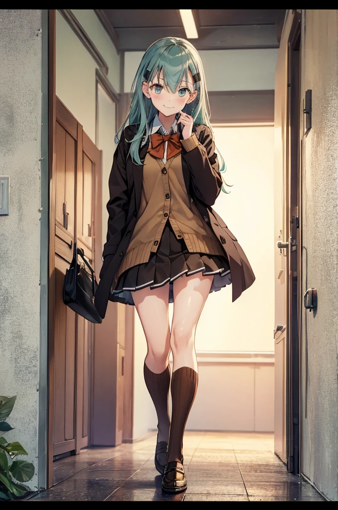 girl greeting, hand up, smile, suzuya(kantai collection), corridor, 4K.8K, masterpiece, best quality, ultra detailed, highres, by top artist, by famous artist, by plo artist, 1girl,solo,cowboy shot,long_hair,brown_thighhighs,hairclip,hair_ornament,school_uniform,pleated_skirt,brown_skirt,cardigan,aqua_hair,aqua_eyes,brown_jacket,loafers,looking_at_viewer,black_footwear,bowtie,smile,frilled_skirt,ascot,