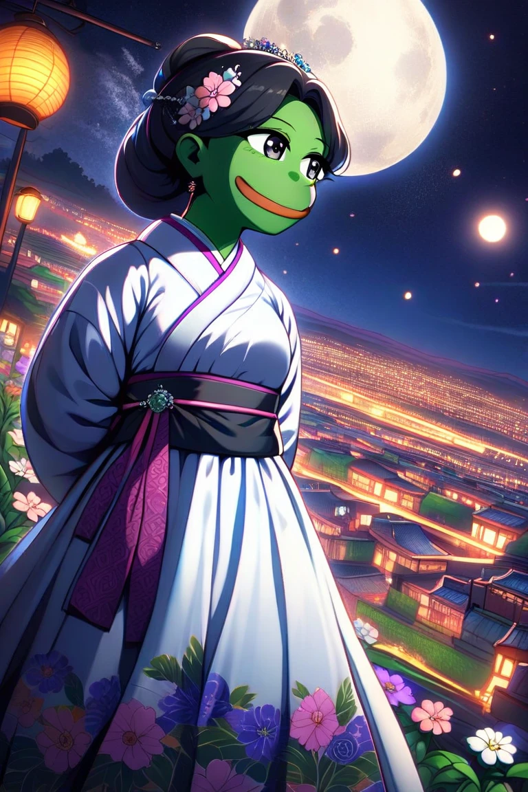 Best, tall_settle, distinct_Image of a, detailed back ground ,girl, Hanbok,florals,florals园,themoon, the night,holland angle, wide wide shot, diadems,
