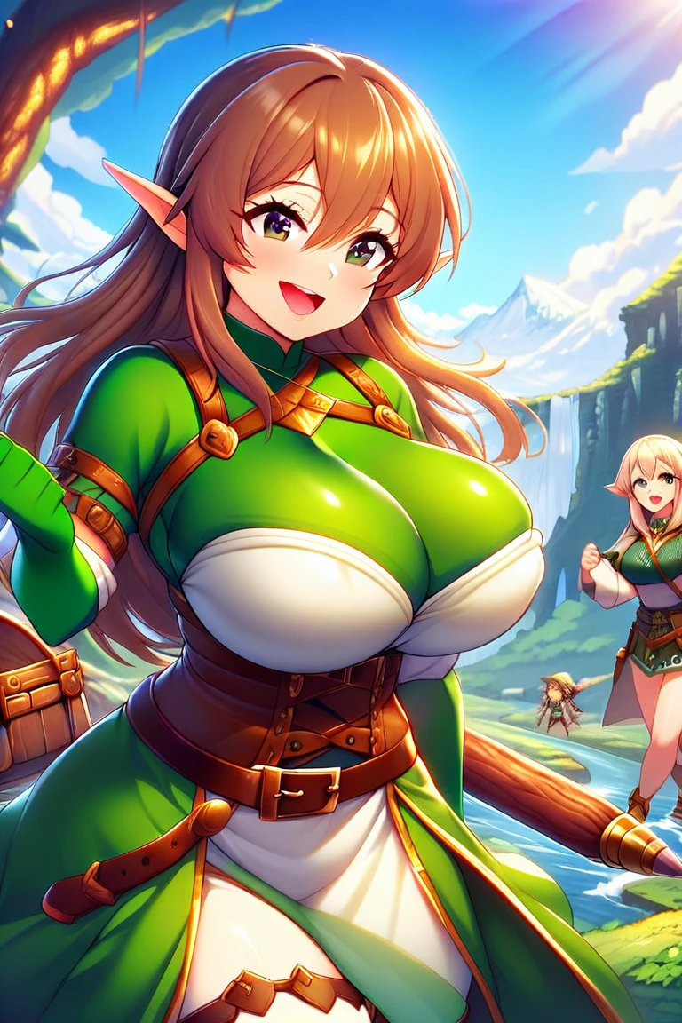 ((Best))) (((k hd))) (((8 thousand))) (peculiarity) 20 year old girl, ((adventuring)) the elf, ((Beautiful)) big breasts and big breasts ((Happy)), ((Brown hair)) big breasts and big breasts ((long whitr hair)).