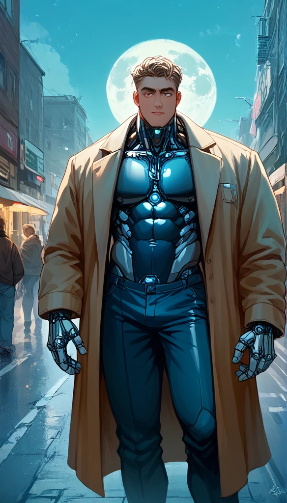 An Android man with a large venous penis, Bionic hand ,  walks on a street in a futoristic city wearing only a trench coat on a full moon night. 