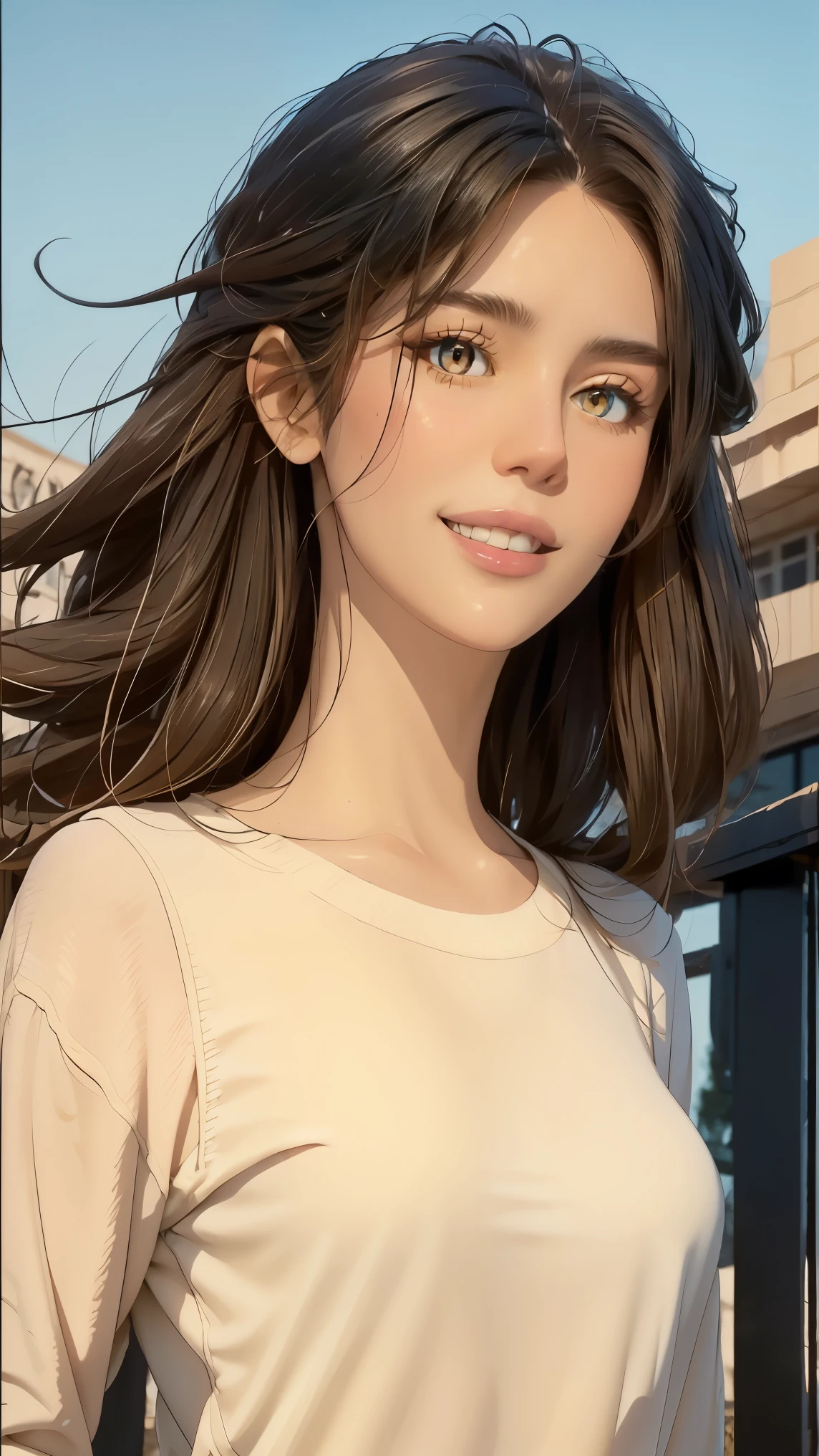 masterpiece , animated, cute, beautiful, romantic, The best quality, 2otros, couple, maduro, adult, height difference, different fashion, different color, Casual clothing, long sleeves, smile, happy, amar, rotating wind, blue sky, Man with long hair, Man with light brown hair, woman with black hair, woman with black hair