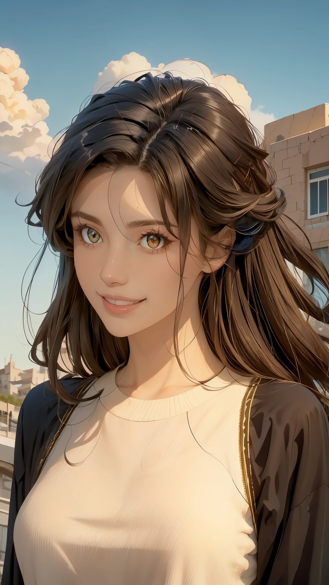 masterpiece , animated, cute, beautiful, romantic, The best quality, 2otros, couple, maduro, adult, height difference, different fashion, different color, Casual clothing, long sleeves, smile, happy, amar, rotating wind, blue sky, Man with long hair, Man with light brown hair, woman with black hair, woman with black hair