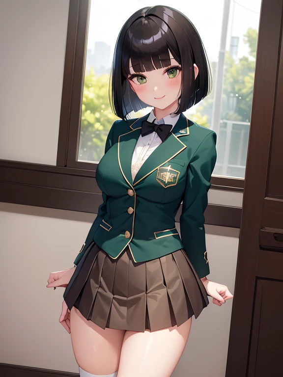 (masterpiece:1.2), best quality ,shape,Beautiful detailed young ， short stature ， girls  (blazer uniform，skirt:1.3) (I'm wearing a deep green super cub:1.2)，black stockings:1.2， white lace panties ，Straddle， (smile:1.0),,( Beautiful Brown Eyes、Sparkling Eyes、 Very beautiful eyes ),( shiny black hair :1.0),( bob cut :1.2),( split bangs :1.3)， cowboy shot，Girl&#39;s Temptation，