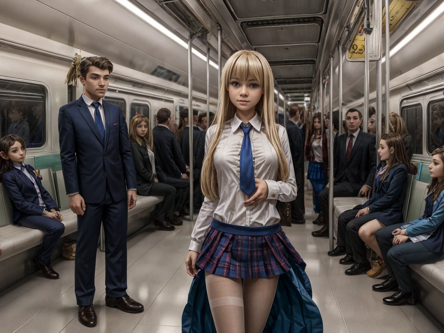 2 beautiful little nine years old Russian school girls, long blonde straight hair, baby face, tiny plaid blue skirt, white pantyhose, nice breasts, tiny white blouse, blue tie, standing on the train at night, full of people, nice legs, nice navel, very thin, black shoes, full body, being harassed and groped on the train by an older man.