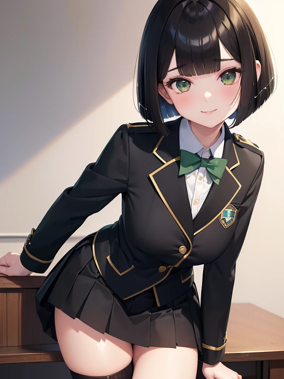 (masterpiece:1.2), best quality ,shape,Beautiful detailed young ， short stature ， girls  (blazer uniform，skirt:1.3) (I'm wearing a deep green super cub:1.2)，black stockings:1.2， white lace panties ，Straddle， (smile:1.0),,( Beautiful Brown Eyes、Sparkling Eyes、 Very beautiful eyes ),( shiny black hair :1.0),( bob cut :1.2),( split bangs :1.3)， cowboy shot，Girl&#39;s Temptation，autumn，autumnの紅葉，At dusk，