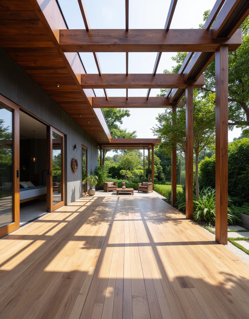 "Create a high-quality Instagram post image featuring a modern outdoor living space with wooden roofs and metallic structures. The image should prominently showcase a sleek pergola with a wooden deck beneath it. The structure should include skylights to allow natural light to flood the area. Ensure the brand name 'Madetech's' is elegantly integrated into the design, either as a subtle watermark on the deck or as a stylish logo on the pergola. The overall vibe should be modern, inviting, and suitable for a social media post."