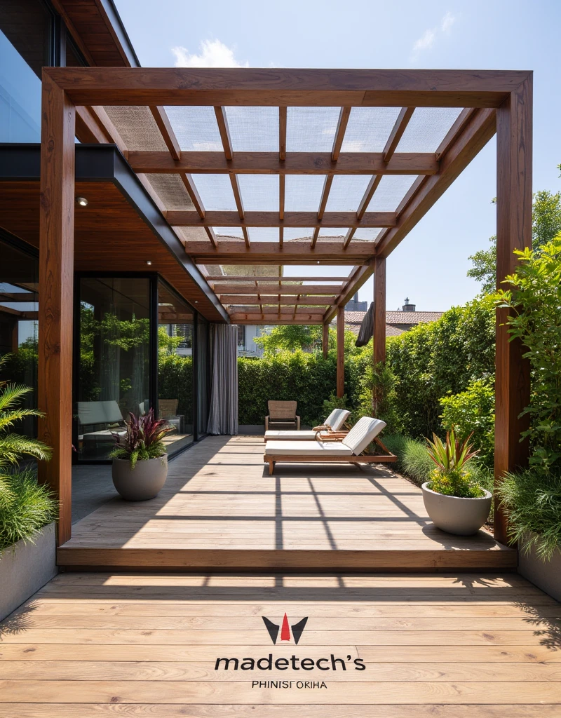 "Create a high-quality Instagram post image featuring a modern outdoor living space with wooden roofs and metallic structures. The image should prominently showcase a sleek pergola with a wooden deck beneath it. The structure should include skylights to allow natural light to flood the area. Ensure the brand name 'Madetech's' is elegantly integrated into the design, either as a subtle watermark on the deck or as a stylish logo on the pergola. The overall vibe should be modern, inviting, and suitable for a social media post."