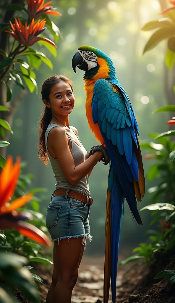 Photoshot of a beautiful, clean white woman with a semi-Indonesian face, body not too thin, sexy bikini, holding an animal, a raja wali bird, in a place full of greenery, a luxurious garden, and there is a Ridwangrapher name board